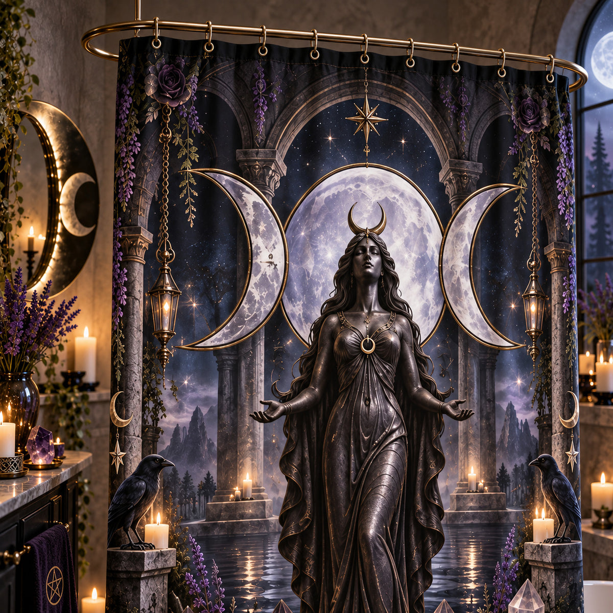 Triple Moon Shower Curtain - Wiccan Goddess Statue Decor, styled shot 3