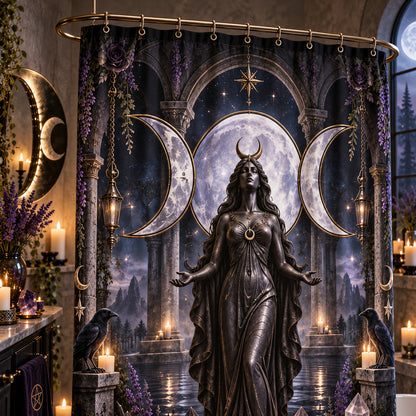 Triple Moon Shower Curtain - Wiccan Goddess Statue Decor, styled shot 3