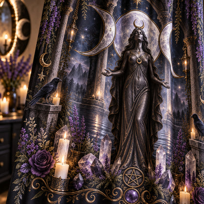 Triple Moon Shower Curtain - Wiccan Goddess Statue Decor, styled shot 4