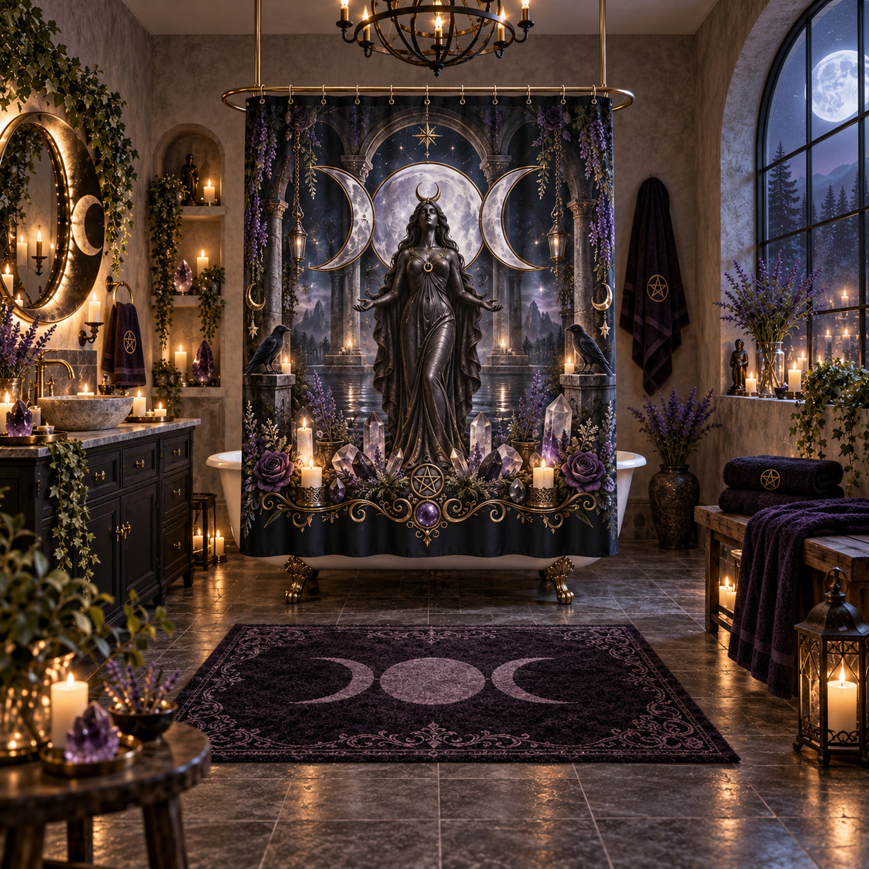 Triple Moon Shower Curtain - Wiccan Goddess Statue Decor, styled shot 5