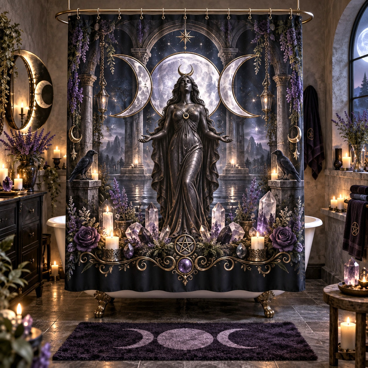 Triple Moon Shower Curtain - Wiccan Goddess Statue Decor