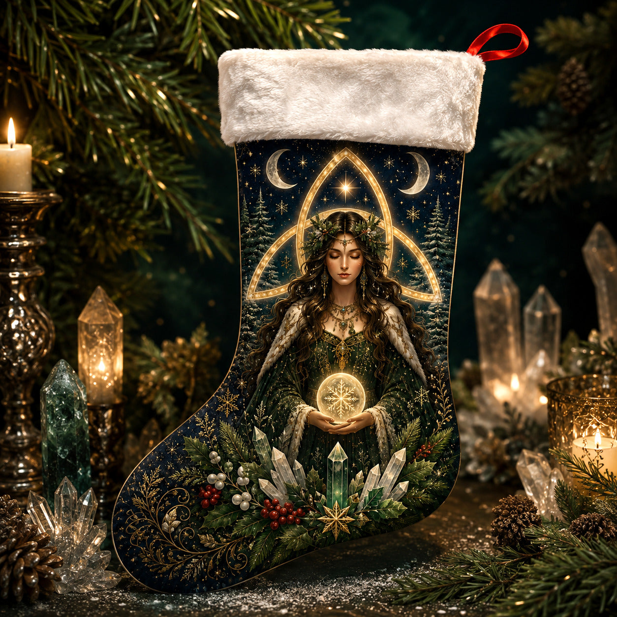 Triquetra Goddess Christmas Stocking Celtic Pagan Altar Decor, styled shot 2