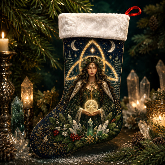 Triquetra Goddess Christmas Stocking Celtic Pagan Altar Decor, styled shot 2