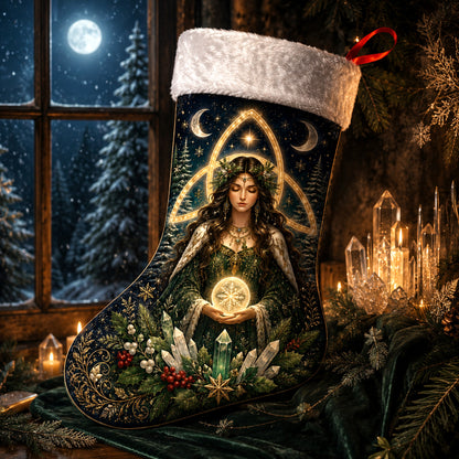 Triquetra Goddess Christmas Stocking Celtic Pagan Altar Decor, styled shot 5