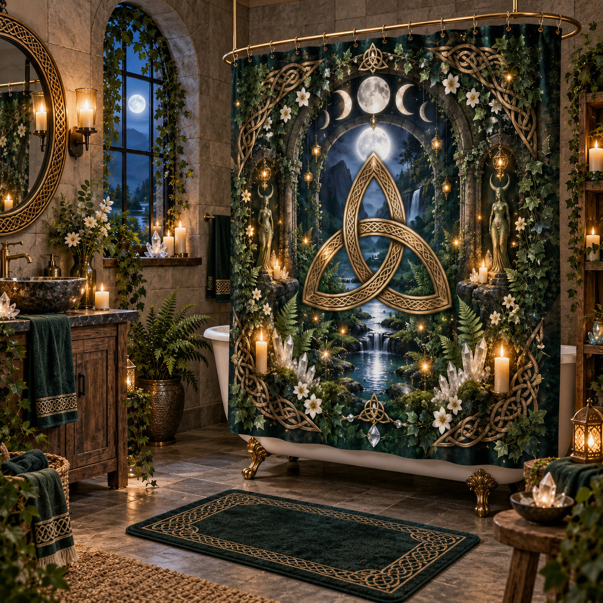 Triquetra Shower Curtain - Celtic Knot Moon Pagan Decor, styled shot 2