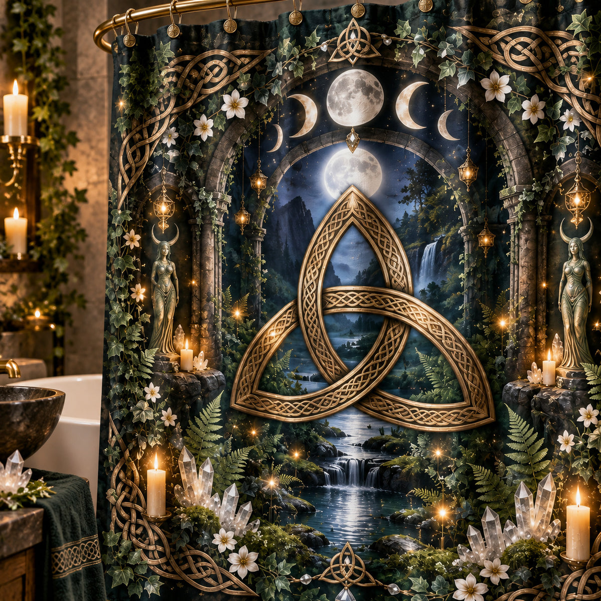 Triquetra Shower Curtain - Celtic Knot Moon Pagan Decor, styled shot 4