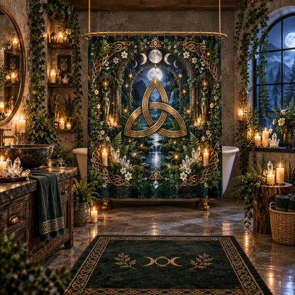 Triquetra Shower Curtain - Celtic Knot Moon Pagan Decor, styled shot 5