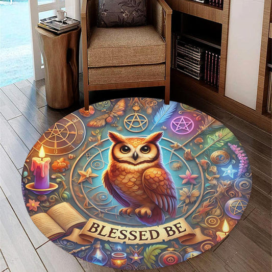 Wicca Owl Round Rug Mystic Owl Carpet for Witchy Home Decor