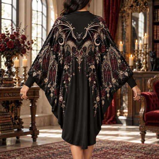 Victorian Bat Gothic Batwing Dress – Rose Window Witchy Crescent Midi – worn, back view
