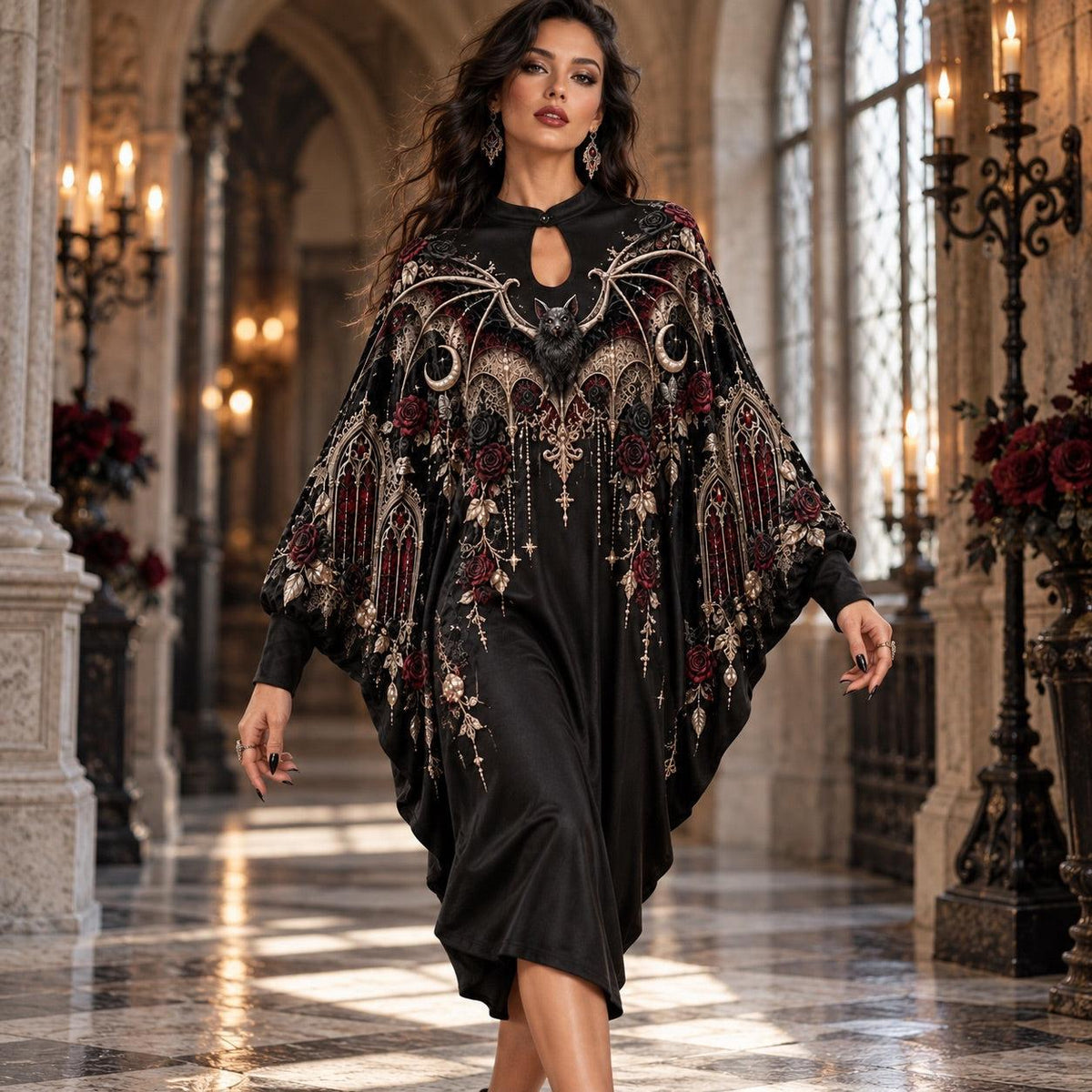 Victorian Bat Gothic Batwing Dress – Rose Window Witchy Crescent Midi – worn, in motion