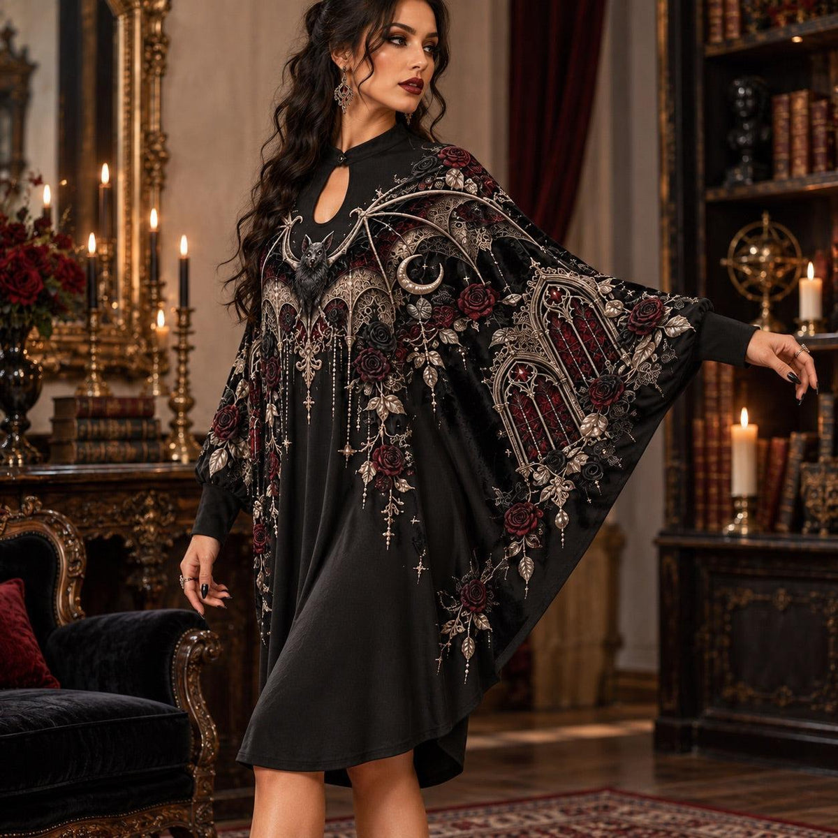 Victorian Bat Gothic Batwing Dress – Rose Window Witchy Crescent Midi – worn, three quarter view