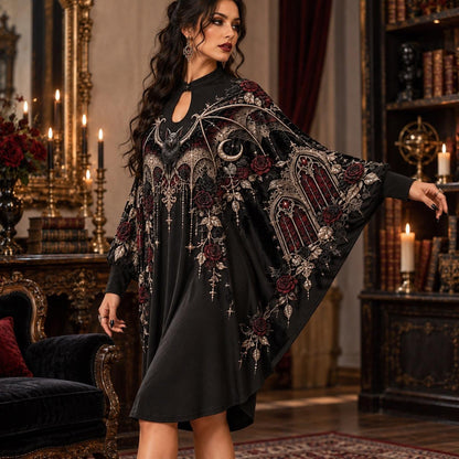 Victorian Bat Gothic Batwing Dress – Rose Window Witchy Crescent Midi – worn, three quarter view