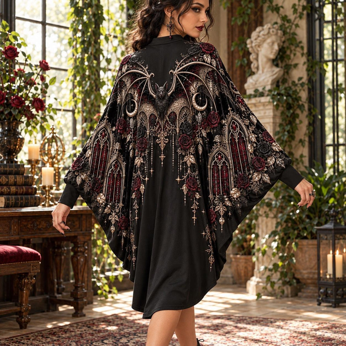 Victorian Bat Gothic Batwing Dress – Rose Window Witchy Crescent Midi – worn, back view