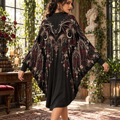 Victorian Bat Gothic Batwing Dress – Rose Window Witchy Crescent Midi – worn, back view