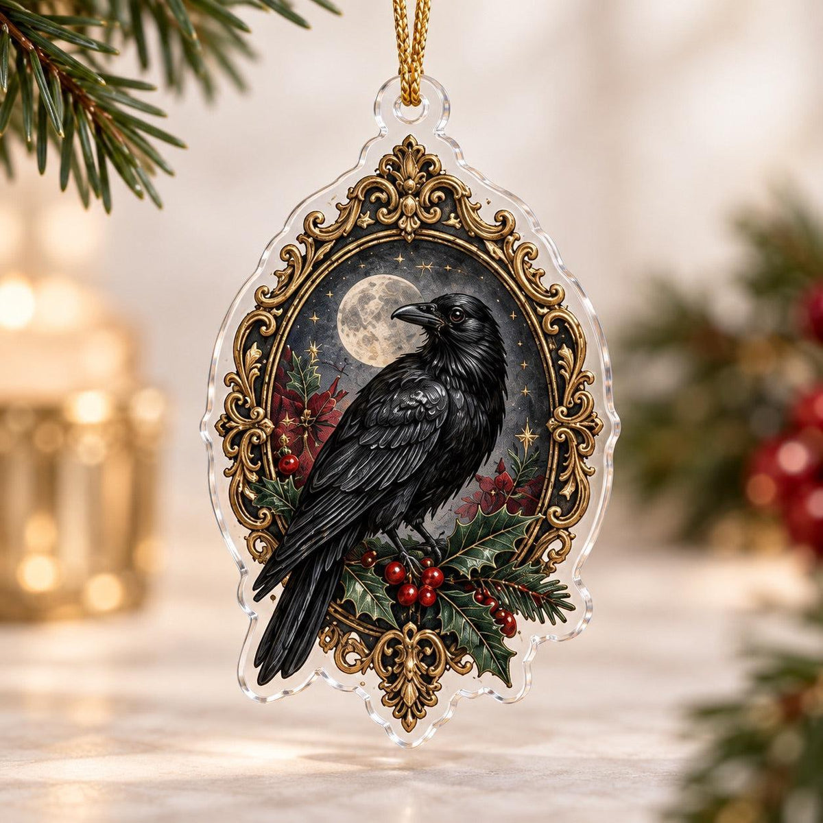 Victorian Gothic Christmas Acrylic Ornament Set – Raven Gothmas Decor – Victorian Raven ornament
