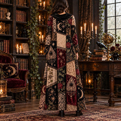 Victorian Spirit Board Gothic Cowl Neck Dress – Witchy Planchette Maxi – worn, back view