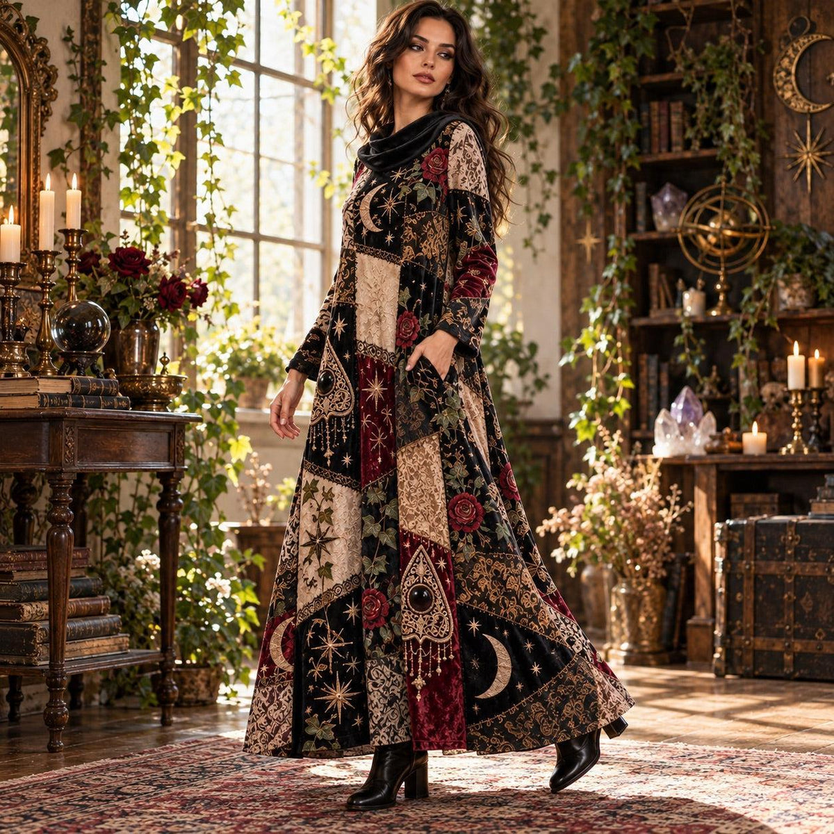 Victorian Spirit Board Gothic Cowl Neck Dress – Witchy Planchette Maxi – worn, three quarter view
