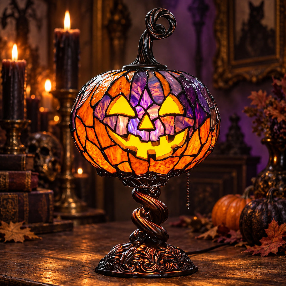 Vintage pumpkin table lamp glowing in a witchy Halloween room.