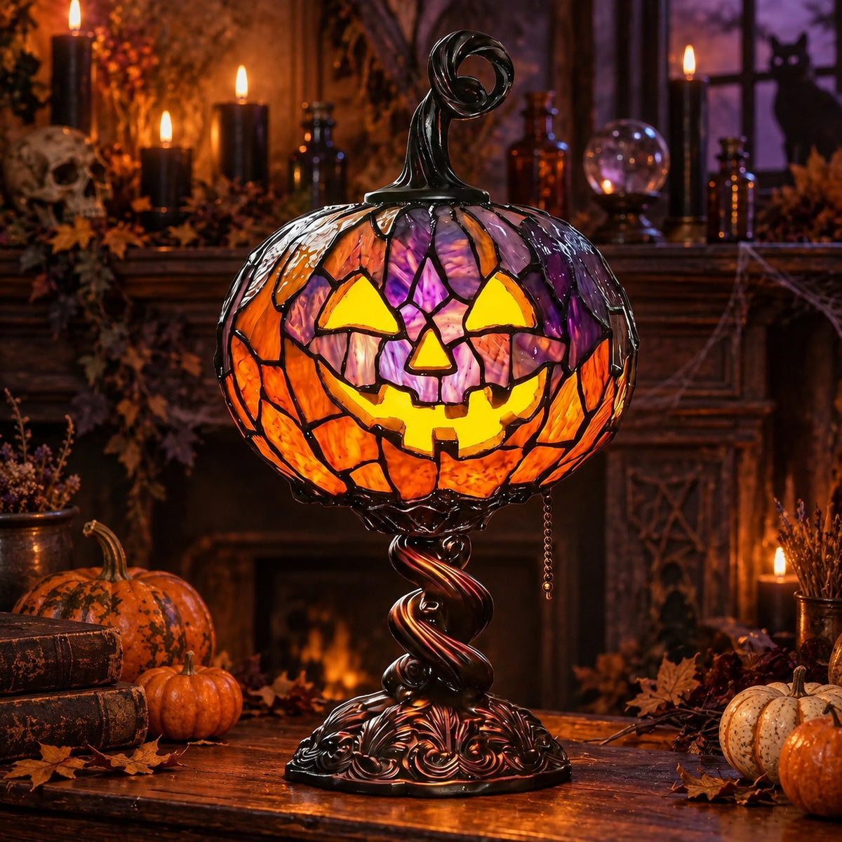 USB pumpkin night light displayed in a gothic Halloween room.