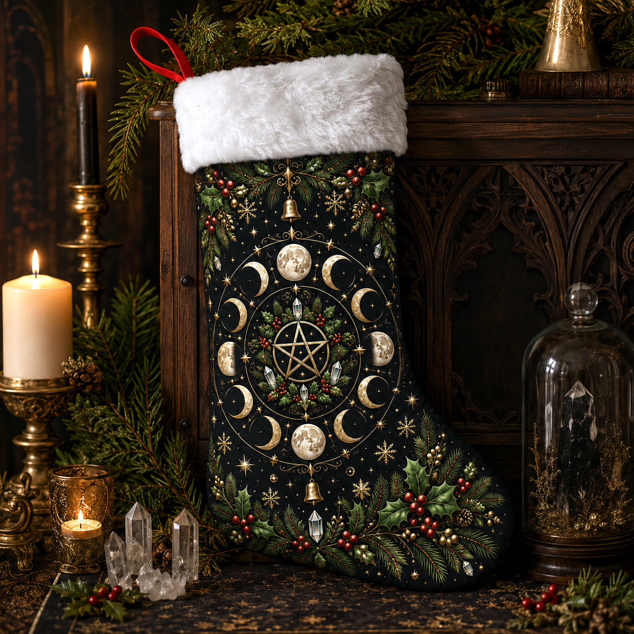 Wheel Of The Year Christmas Stocking Pentacle Pagan Sabbat Decor, styled shot 2