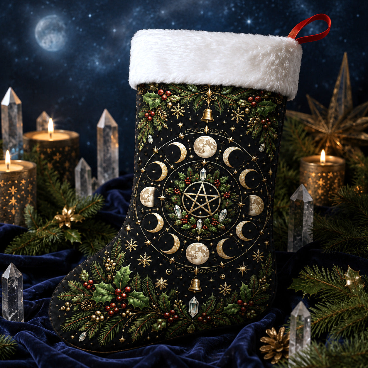 Wheel Of The Year Christmas Stocking Pentacle Pagan Sabbat Decor, styled shot 3