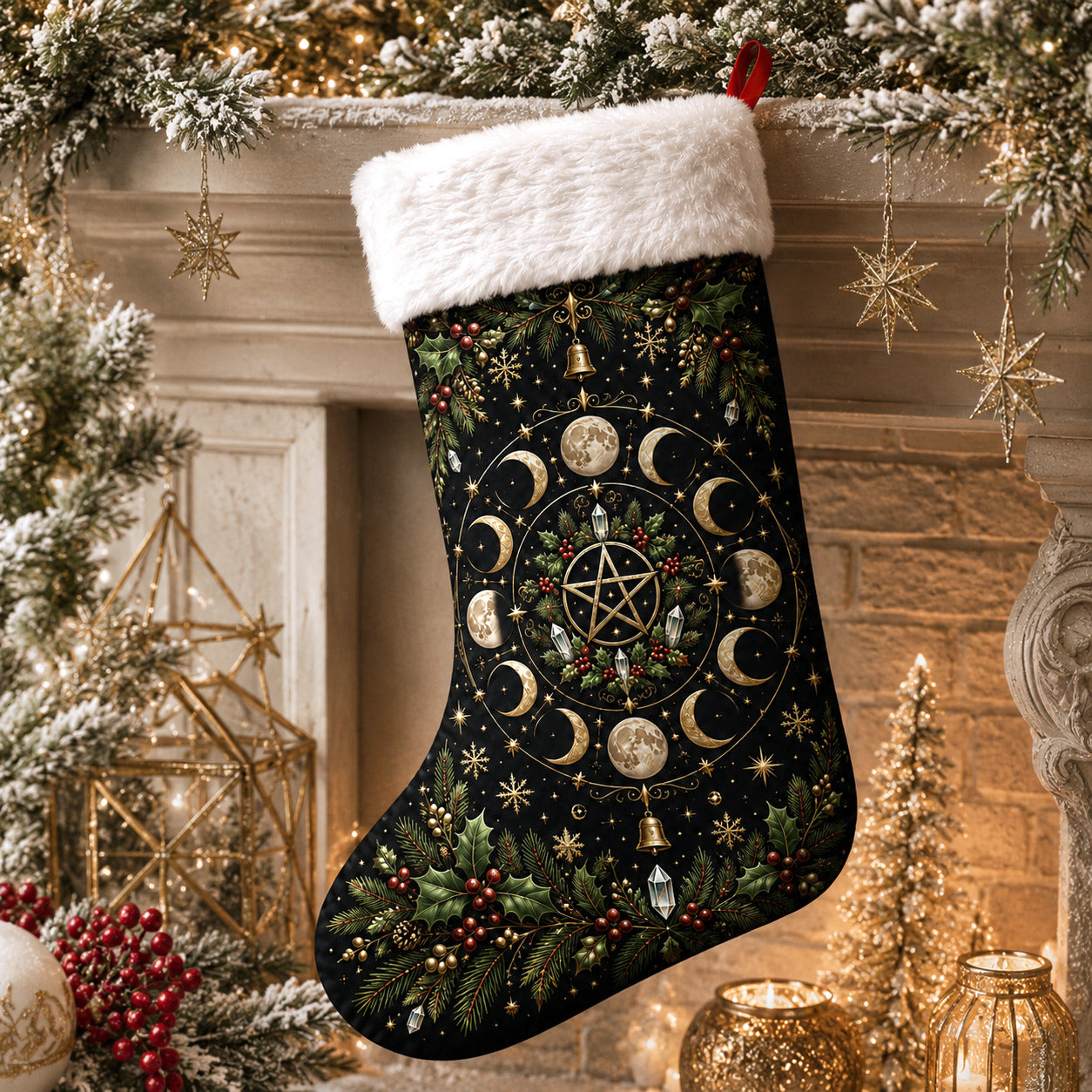 Wheel Of The Year Christmas Stocking Pentacle Pagan Sabbat Decor, styled shot 4