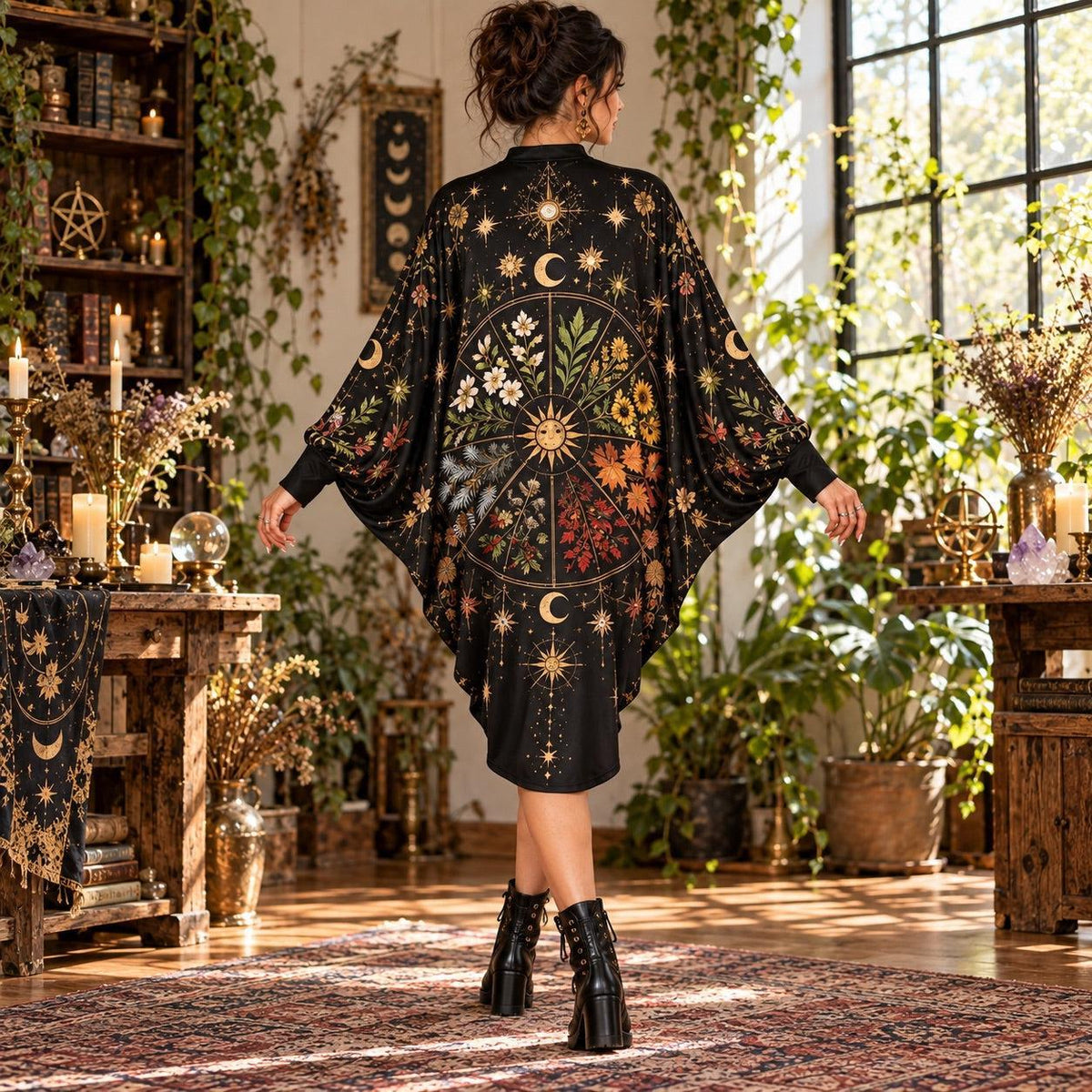 Wheel of the Year Pagan Batwing Dress – Witchy Botanical Sun Midi – worn, back view