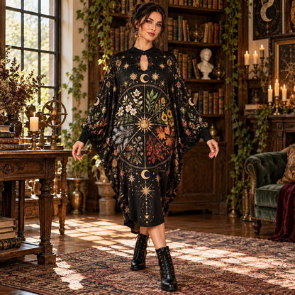 Wheel of the Year Pagan Batwing Dress – Witchy Botanical Sun Midi – worn, in motion