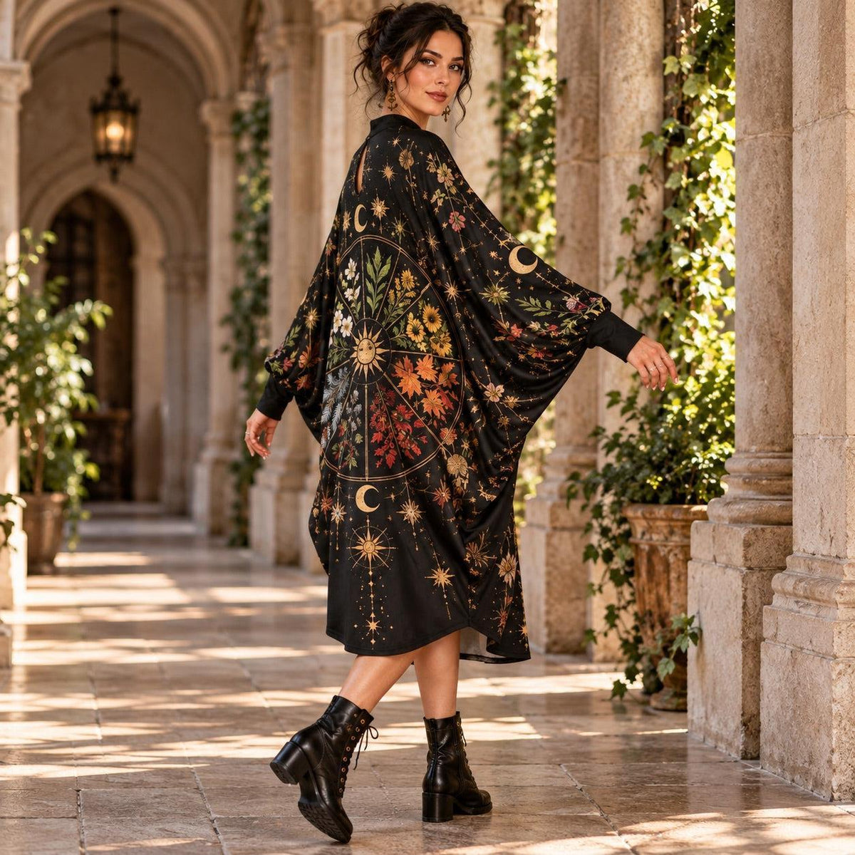 Wheel of the Year Pagan Batwing Dress – Witchy Botanical Sun Midi – worn, three quarter view
