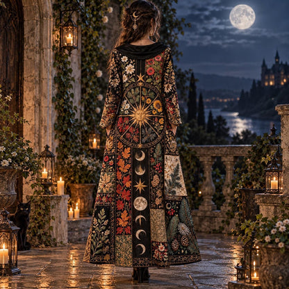 Wheel of the Year Pagan Cowl Neck Dress – Botanical Witchy Maxi – worn, back view