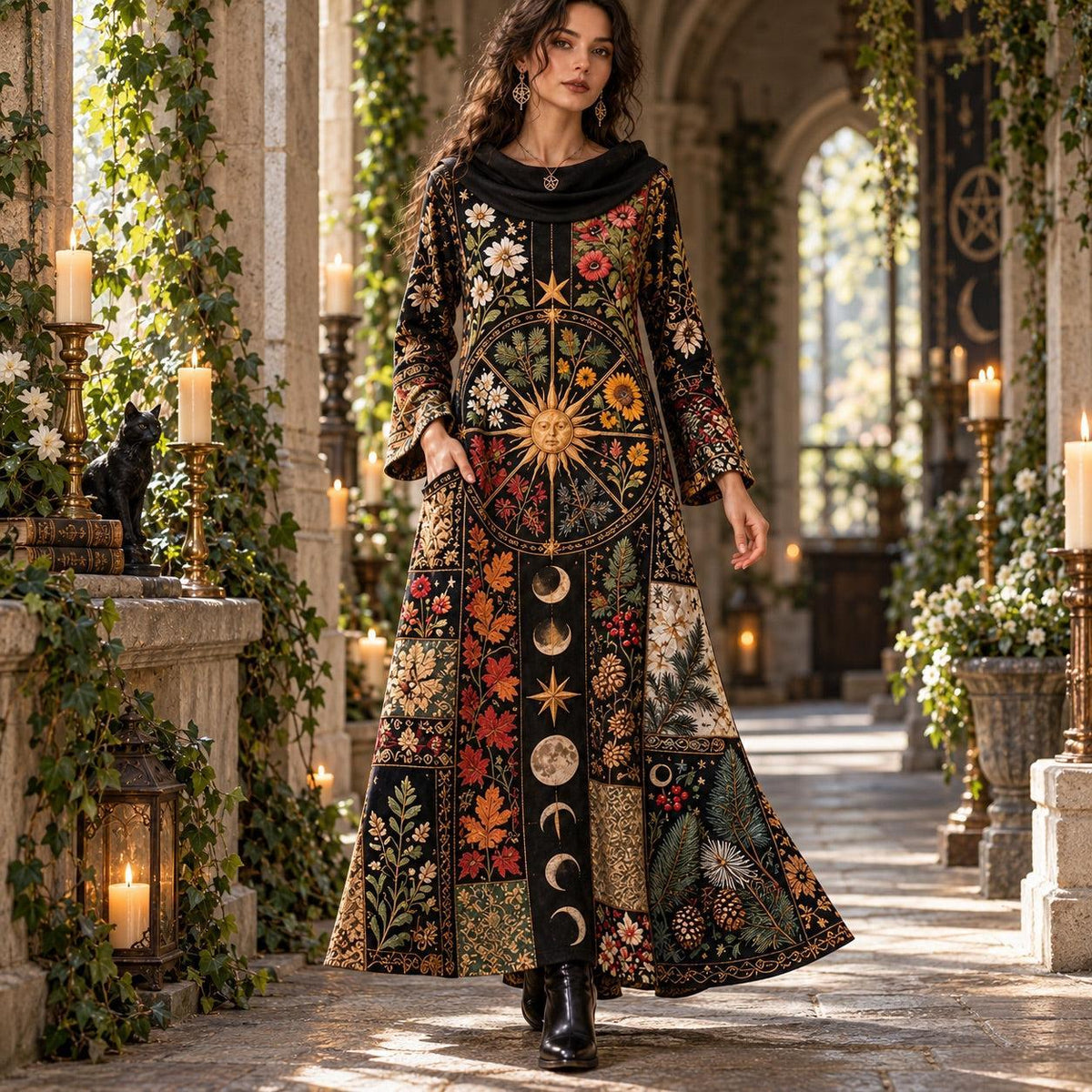 Wheel of the Year Pagan Cowl Neck Dress – Botanical Witchy Maxi – worn, in motion