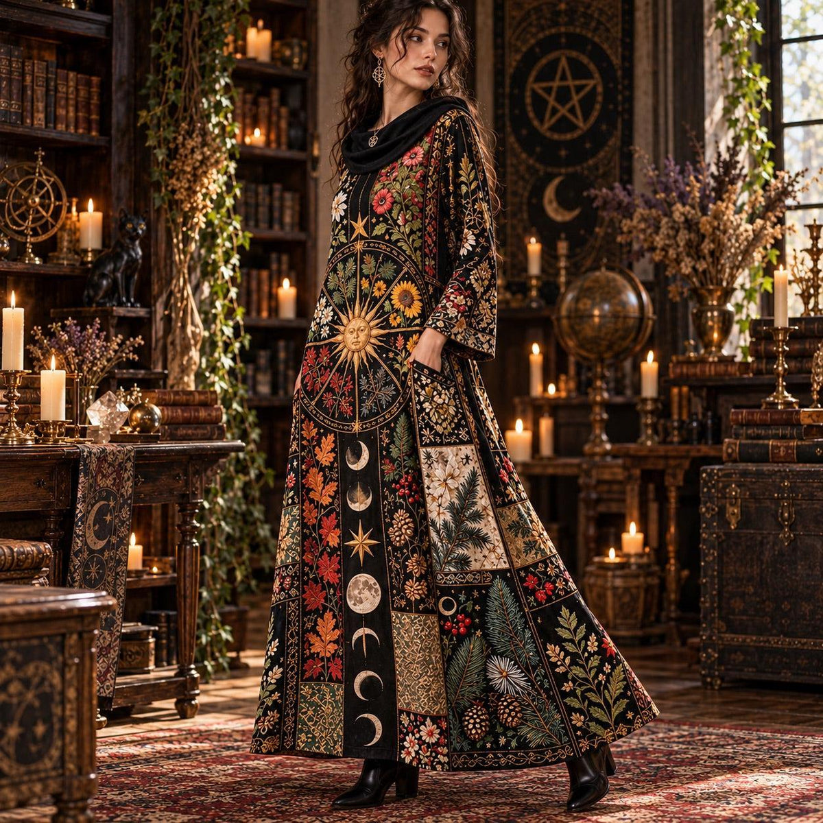 Wheel of the Year Pagan Cowl Neck Dress – Botanical Witchy Maxi – worn, three quarter view
