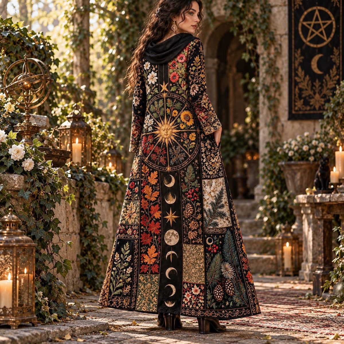 Wheel of the Year Pagan Cowl Neck Dress – Botanical Witchy Maxi – close up of the printed artwork