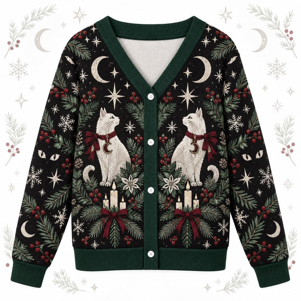 White Cat Moon Phase Christmas Cardigan for Women Witchy Yule Sweater, front view