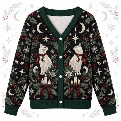 White Cat Moon Phase Christmas Cardigan for Women Witchy Yule Sweater, front view