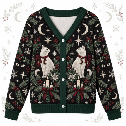 White Cat Moon Phase Christmas Cardigan for Women Witchy Yule Sweater, front view