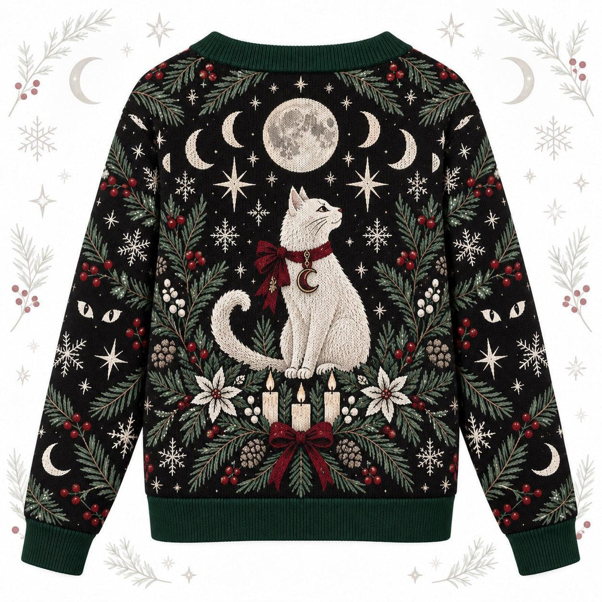White Cat Moon Phase Christmas Cardigan for Women Witchy Yule Sweater, back view