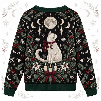 White Cat Moon Phase Christmas Cardigan for Women Witchy Yule Sweater, back view