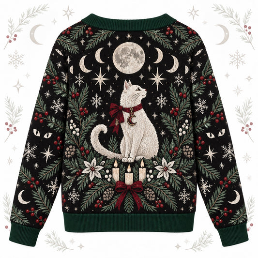 White Cat Moon Phase Christmas Cardigan for Women Witchy Yule Sweater, back view
