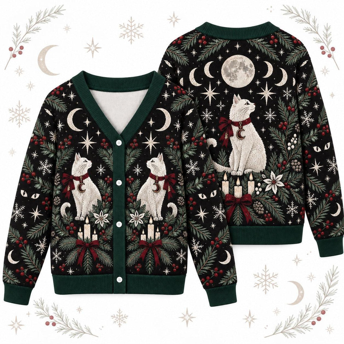 White Cat Moon Phase Christmas Cardigan for Women Witchy Yule Sweater, front and back shown together