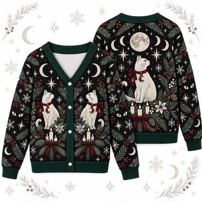 White Cat Moon Phase Christmas Cardigan for Women Witchy Yule Sweater, front and back shown together