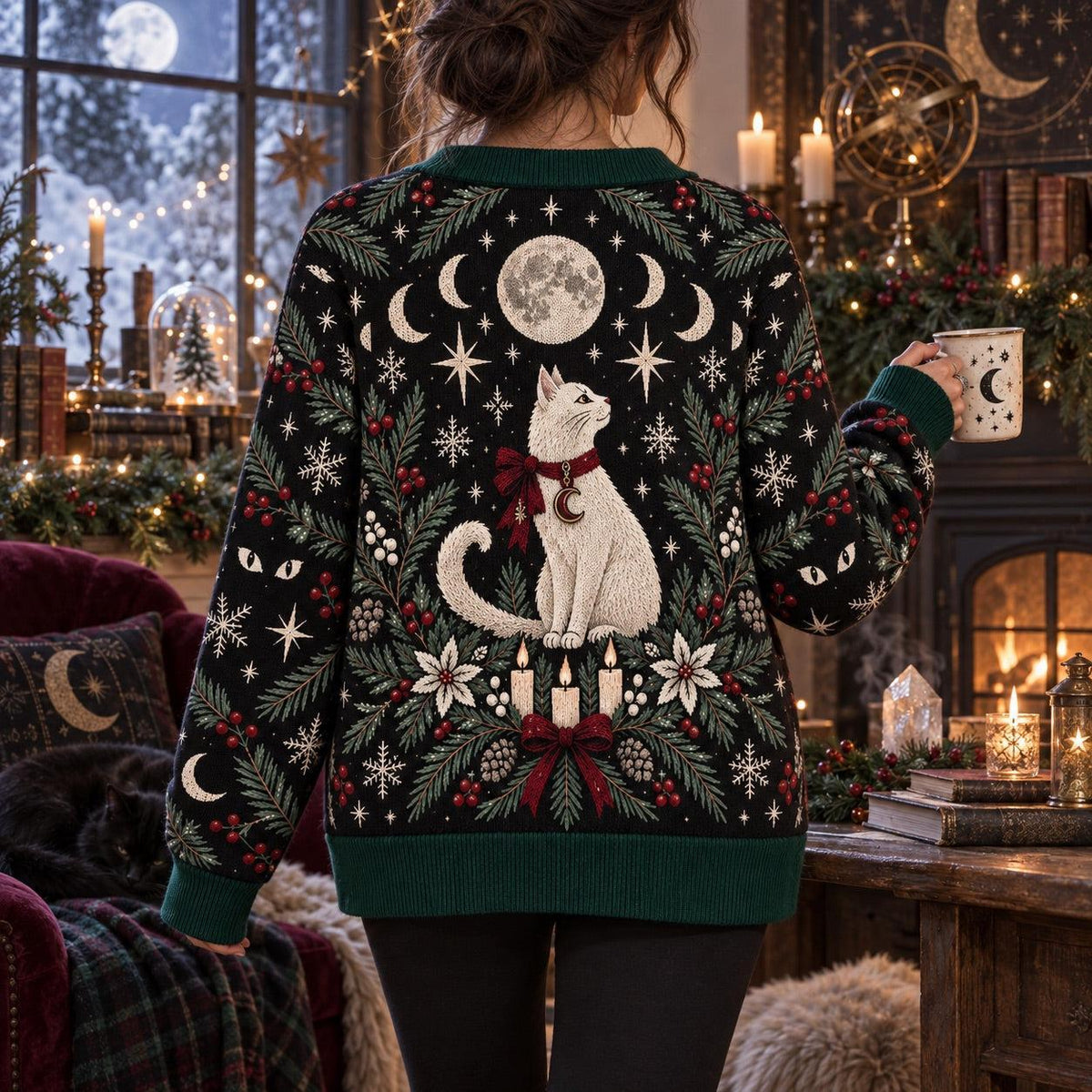White Cat Moon Phase Christmas Cardigan for Women Witchy Yule Sweater, worn, back view