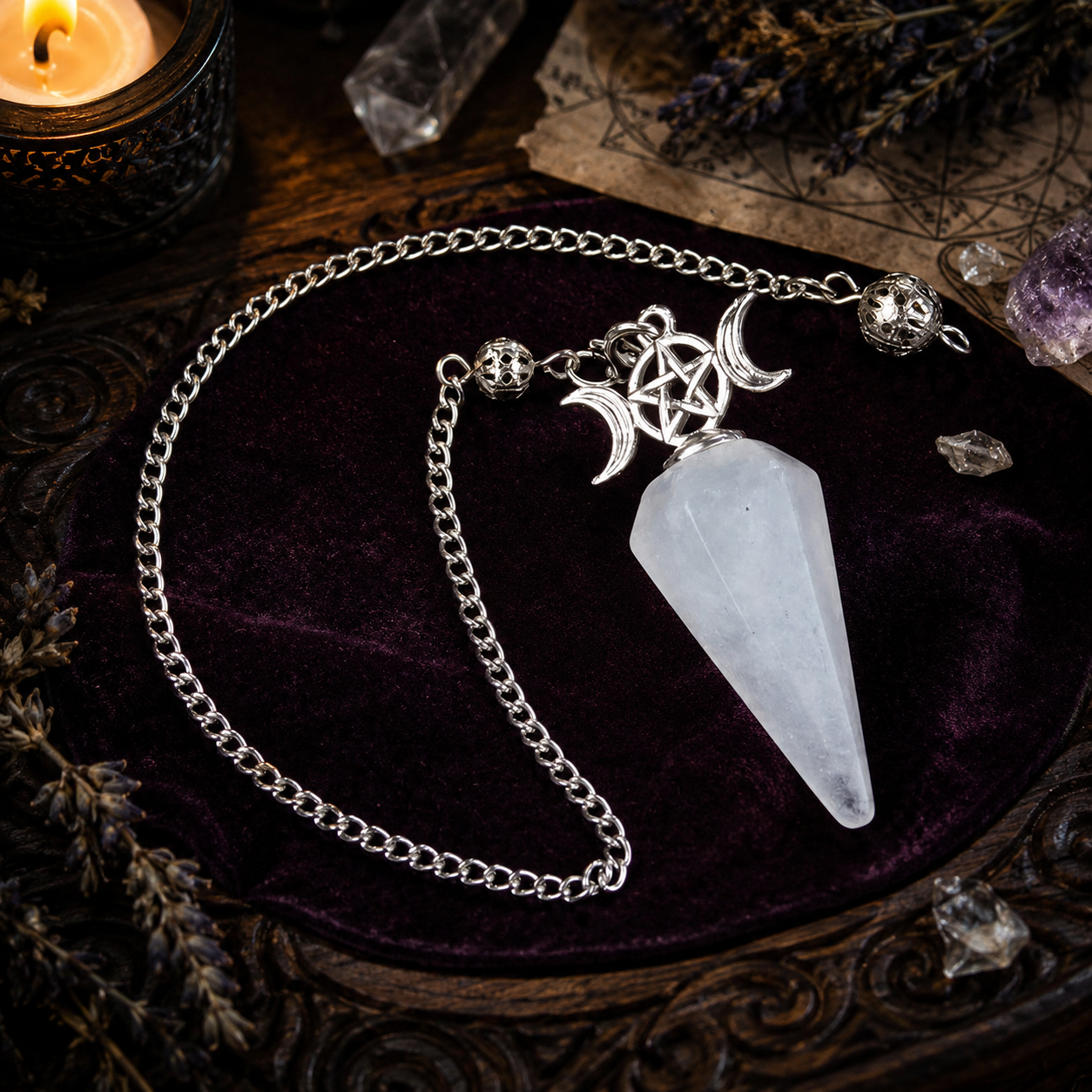 White crystal Triple Moon pendulum on a candlelit Wiccan ritual altar