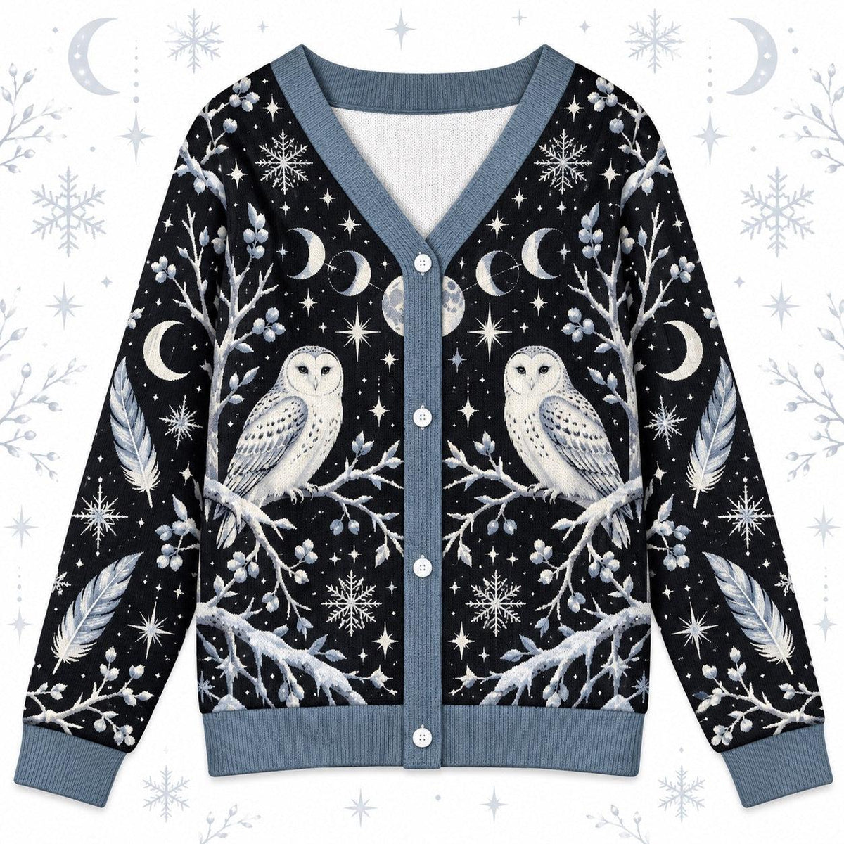 White Owl Full Moon Witchy Cardigan for Women Gothic Winter Sweater, front view