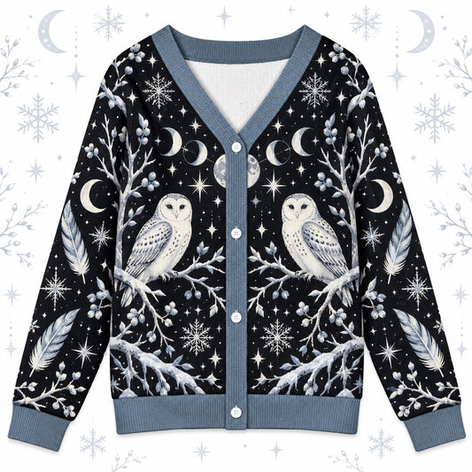 White Owl Full Moon Witchy Cardigan for Women Gothic Winter Sweater, front view