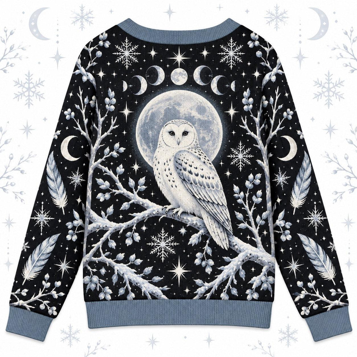 White Owl Full Moon Witchy Cardigan for Women Gothic Winter Sweater, back view