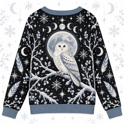 White Owl Full Moon Witchy Cardigan for Women Gothic Winter Sweater, back view