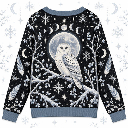 White Owl Full Moon Witchy Cardigan for Women Gothic Winter Sweater, back view