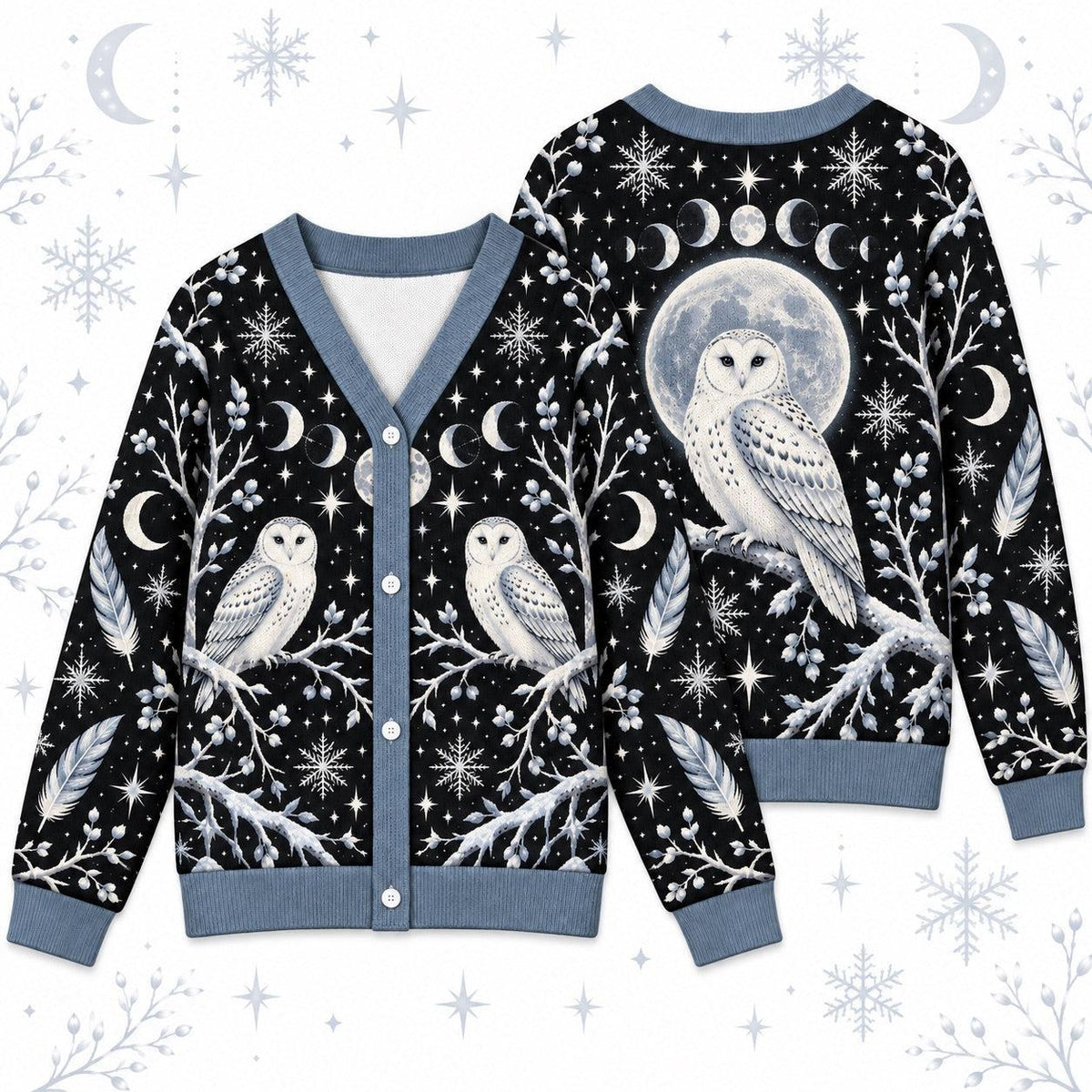 White Owl Full Moon Witchy Cardigan for Women Gothic Winter Sweater, front and back shown together