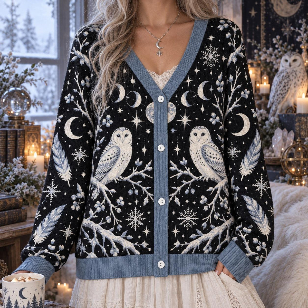 White Owl Full Moon Witchy Cardigan for Women Gothic Winter Sweater, worn, front view
